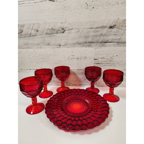 Unbranded Other - Vintage Ruby Red Glassware Set 6pc Red Vintage Goblets and Plate Excellent